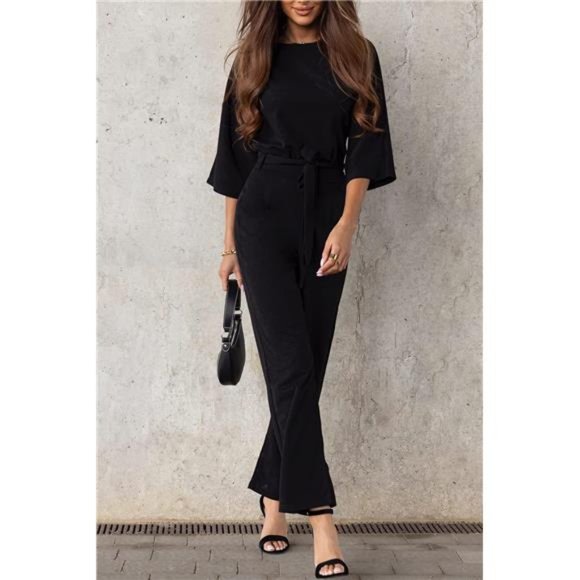 Loose Short Sleeve Belted Wide Leg Pant Romper Jumpsuits For Women, Black - Picture 4 of 7